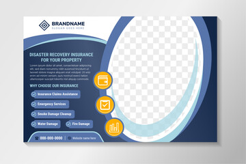 Poster - A horizontal web page banner. disaster recovery insurance horizontal flyer. blue background and yellow, white on elements. Space for photo collage. Online advertising for online marketing.