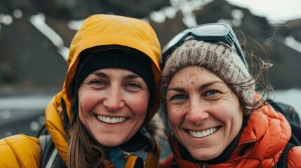 Two women smiling posing for a photo wearing winter gear standing in front of a mountainous landscape with snow and mist.