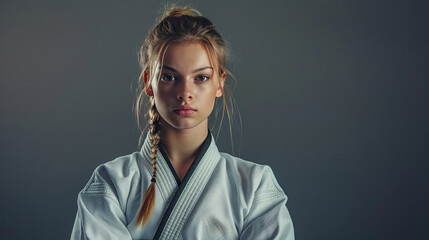 Wall Mural - Young female judo player in a white uniform and black belt posing for a photo in a studio.