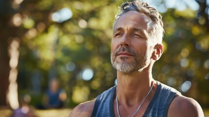 Wall Mural - A contemplative man with a beard and gray hair wearing a sleeveless shirt gazing upwards in a park with trees and sunlight.