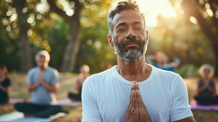 Poster - A serene scene of a man with a beard and mustache in a white shirt leading a group in a yoga or meditation session under the sun surrounded by trees and a peaceful setting.