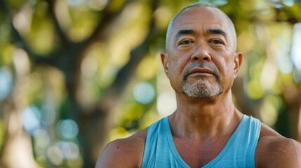 Poster - A man with a bald head and a beard wearing a blue tank top standing in front of a blurred background of trees with a thoughtful expression.