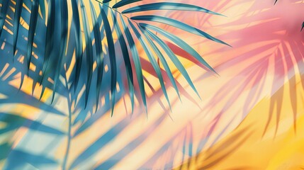 Poster - trendy summer Bali style floral patter background , colorful leaves palm shape art wallpaper. Summer colors botanical tropical leaves ,sun light and shadows, pink, yellow leaf