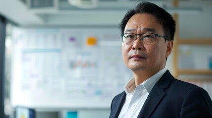 Poster - A man in a suit and glasses standing in an office with whiteboards and diagrams in the background looking thoughtful and professional.