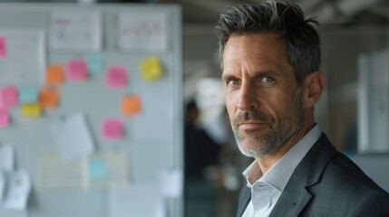 Poster - A man with a beard and graying hair wearing a suit standing in an office with a whiteboard covered in colorful sticky notes.