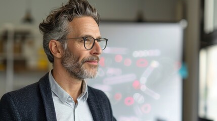 Poster - A man with a beard and glasses wearing a dark jacket standing in front of a whiteboard with colorful markers.