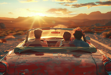 Wall Mural - Friends in a convertible car on a road trip