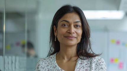 Poster - A woman with dark hair and a warm smile wearing a floral blouse standing in an office with a whiteboard in the background.