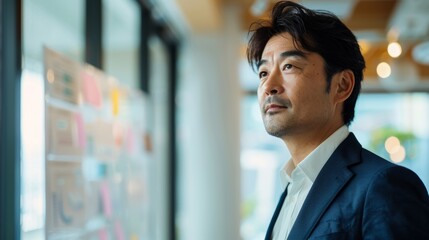 Sticker - A man in a suit looking contemplative standing in front of a window with colorful sticky notes.