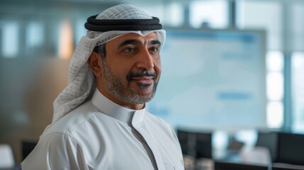 Wall Mural - Middle-aged man with a beard wearing a white agal and khaki agal standing in an office with a presentation screen in the background.