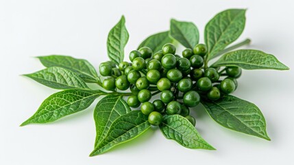 A bunch of green peppers are on a white background