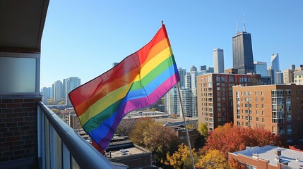 Wall Mural - A rainbow flag is hanging from a railing in a city at night