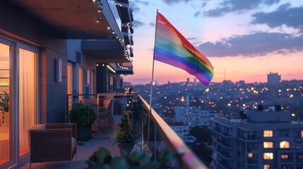 Wall Mural - A rainbow flag is flying in the sky over a city at sunset
