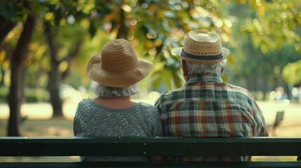 Sticker - An elderly couple sitting on a park bench wearing hats enjoying a peaceful moment together.