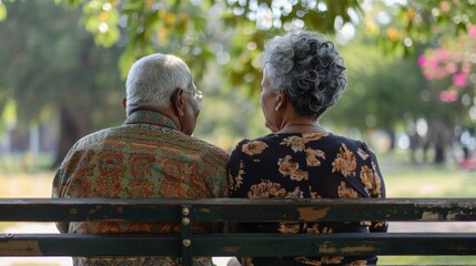 Wall Mural - Two elderly individuals sharing a moment of companionship on a park bench.