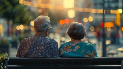 Sticker - Two elderly individuals sitting on a bench enjoying the city lights and each other's company during twilight.