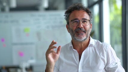 Poster - Man with gray beard and glasses wearing white shirt gestu ring with hand standing in front of whiteboard with notes and markers in office setting with blurred background.