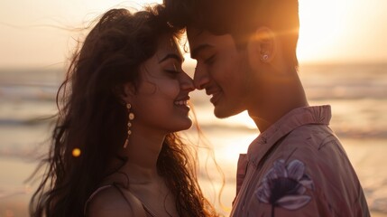 Wall Mural - A couple sharing a tender moment with a sunset backdrop their smiles reflecting happiness and contentment.