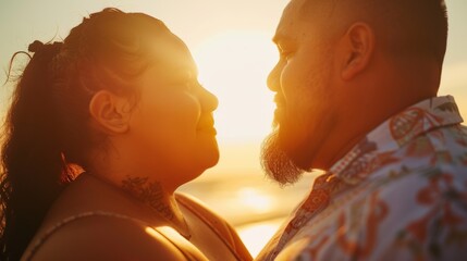 Wall Mural - A couple sharing a tender moment with the sun setting behind them casting a warm glow on their faces.