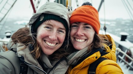 two women smiling bundled up in winter gear sitting on a boat surrounded by icy water and distant ic