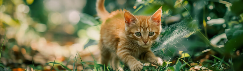 Curious Ginger Kitten Exploring Lush Garden in Golden Hour Sunlight