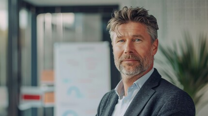 Sticker - A man with a beard and gray hair wearing a suit standing in an office with a window in the background.