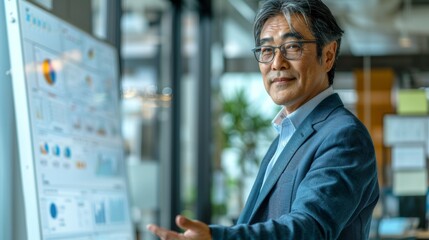 Poster - A professional man in a suit standing in front of a whiteboard with graphs and charts gesturing with his right hand possibly explaining a business strategy or data analysis.