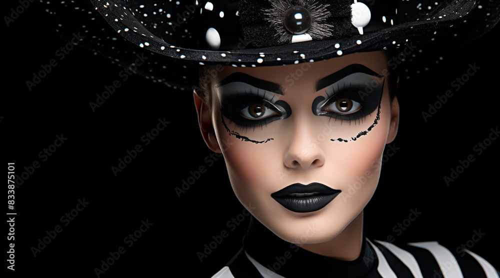 Studio portrait of a beautiful woman in black and white clown makeup. A ...