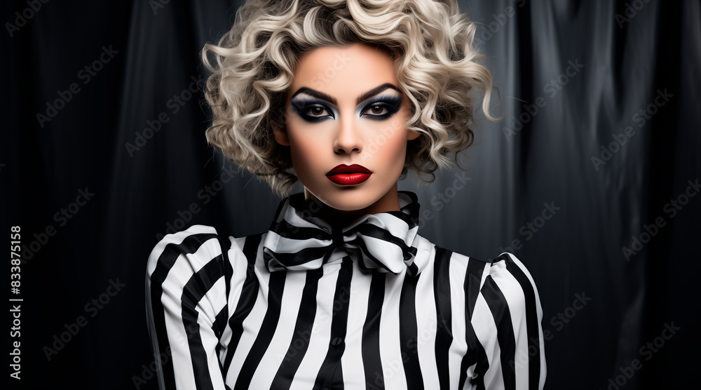 Studio portrait of a beautiful woman in black and white clown makeup. A ...