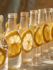 Wall Mural - Clear bottles filled with water and slices of lemon.