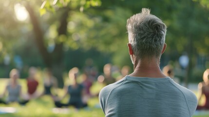 Wall Mural - Man with gray hair leading yoga class in park.