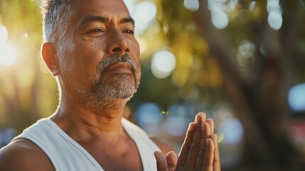 Wall Mural - An older man with a beard and gray hair wearing a white tank top standing in a park with trees and sunlight holding his hands together in a prayer- like gesture.