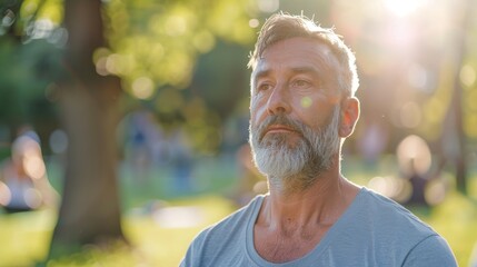 Wall Mural - Man with gray beard and hair wearing a gray t-shirt standing in a park with sunlight filtering through the trees.