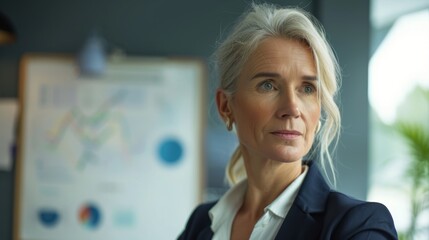 Sticker - A woman with blonde hair wearing a dark blazer looking thoughtful with a slight smile standing in an office with a whiteboard in the background.