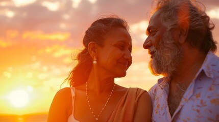 Wall Mural - An elderly couple with the man sporting a long beard sharing a tender moment as they gaze into each other's eyes during a beautiful sunset.