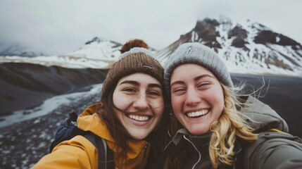 Two women smiling at the camera wearing winter hats and jackets standing on a snowy mountain with a clear sky in the background.