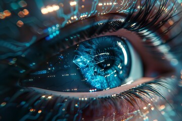 Poster - Digital eye technology, futuristic future scan. Secure concept vision, human data identification. Biometric access with focus closeup. Computer iris view, woman interface.
