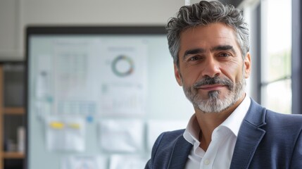 Wall Mural - A man with a gray beard and hair wearing a blue suit and white shirt standing in an office with a whiteboard in the background.