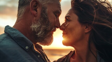 Wall Mural - A couple sharing a tender moment with a warm sunset in the background highlighting their affectionate connection.