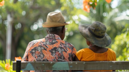 Sticker - An elderly couple dressed in vibrant tropical attire relaxes on a park bench enjoying a serene moment amidst lush greenery and vibrant flowers.