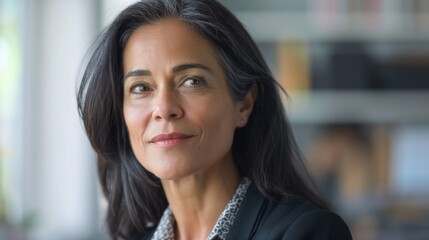 Wall Mural - A woman with dark hair and a subtle smile wearing a black blazer with a patterned shirt looking off to the side with a thoughtful expression.