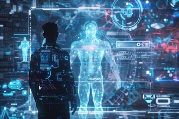 Poster - Technology digital future, futuristic science concept. Background interface screen, human virtual business. Modern computer information health. Design hand tech intelligence,