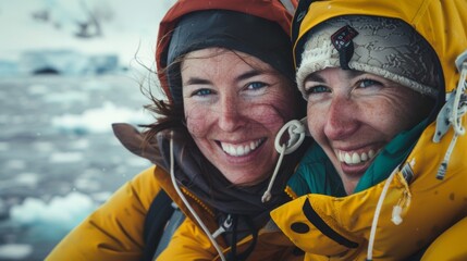 two smiling women in winter gear possibly on a polar expedition with snowy landscape in the backgrou