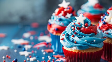 A close-up of patriotic-themed cupcakes with red, white, and blue frosting and star-shaped sprinkles, with a blurred background for text placement.
