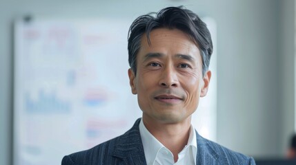 Wall Mural - Asian man in suit smiling with graying hair standing in front of a whiteboard with writing.