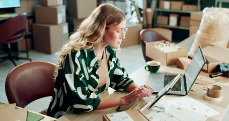 Poster - Business, boxes and woman with tablet, retail and online order with ecommerce, update inventory and website info. Entrepreneur, person and employee with tech, digital app and research for product
