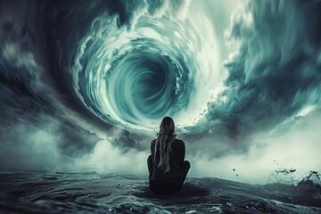 Poster - Sky abstract light, blue fantasy art. Woman dark night fractal, water nature background. Science concept wallpaper. Female surreal digital hole, travel energy astronomy galaxy