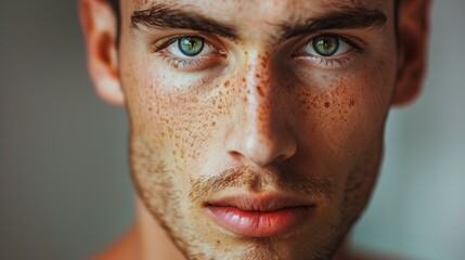 Poster - Beauty young female woman, person skin face portrait. Caucasian close-up adult model. Fashion natural style makeup, closeup white eye. Attractive pretty hair, freckles