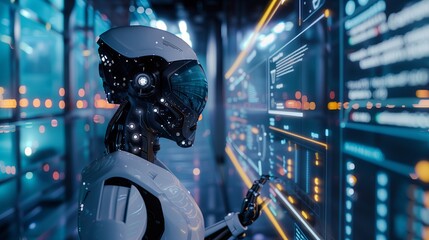 Poster - Futuristic robot technology with artificial intelligence, digital cyborg and android. Business data network, cybernetic machine, computer system. Blue interface, science