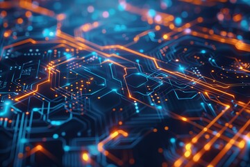 Poster - Abstract digital circuit technology with communication science, hardware computer information. Processor motherboard board, electrical energy connect, engineering system. Blue